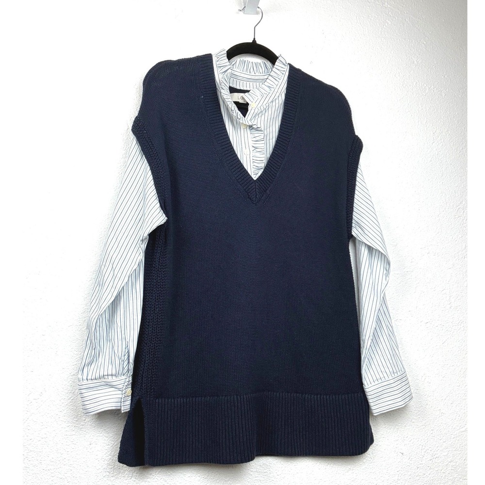 LOFT Navy Blue Layered Sweater Vest Shirt - L - Ruffle Collar Striped Preppy